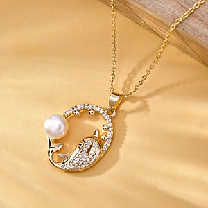 Freshwater Pearl and Simulated Diamond Pendant Necklace 20 Inches in Goldtone 0.10 ctw
