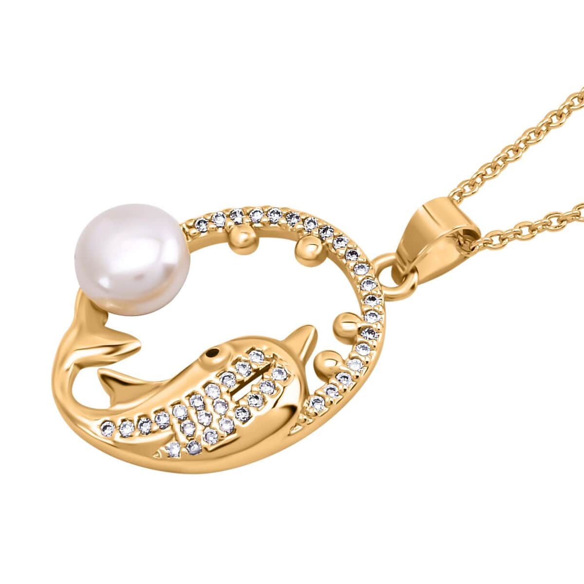 Freshwater Pearl and Simulated Diamond Pendant Necklace 20 Inches in Goldtone 0.10 ctw image number 3