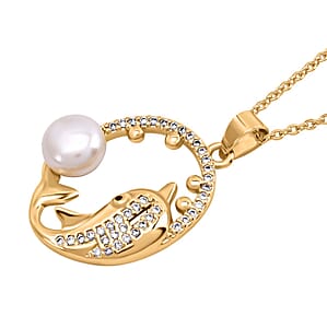 Freshwater Pearl and Simulated Diamond Pendant Necklace 20 Inches in Goldtone 0.10 ctw