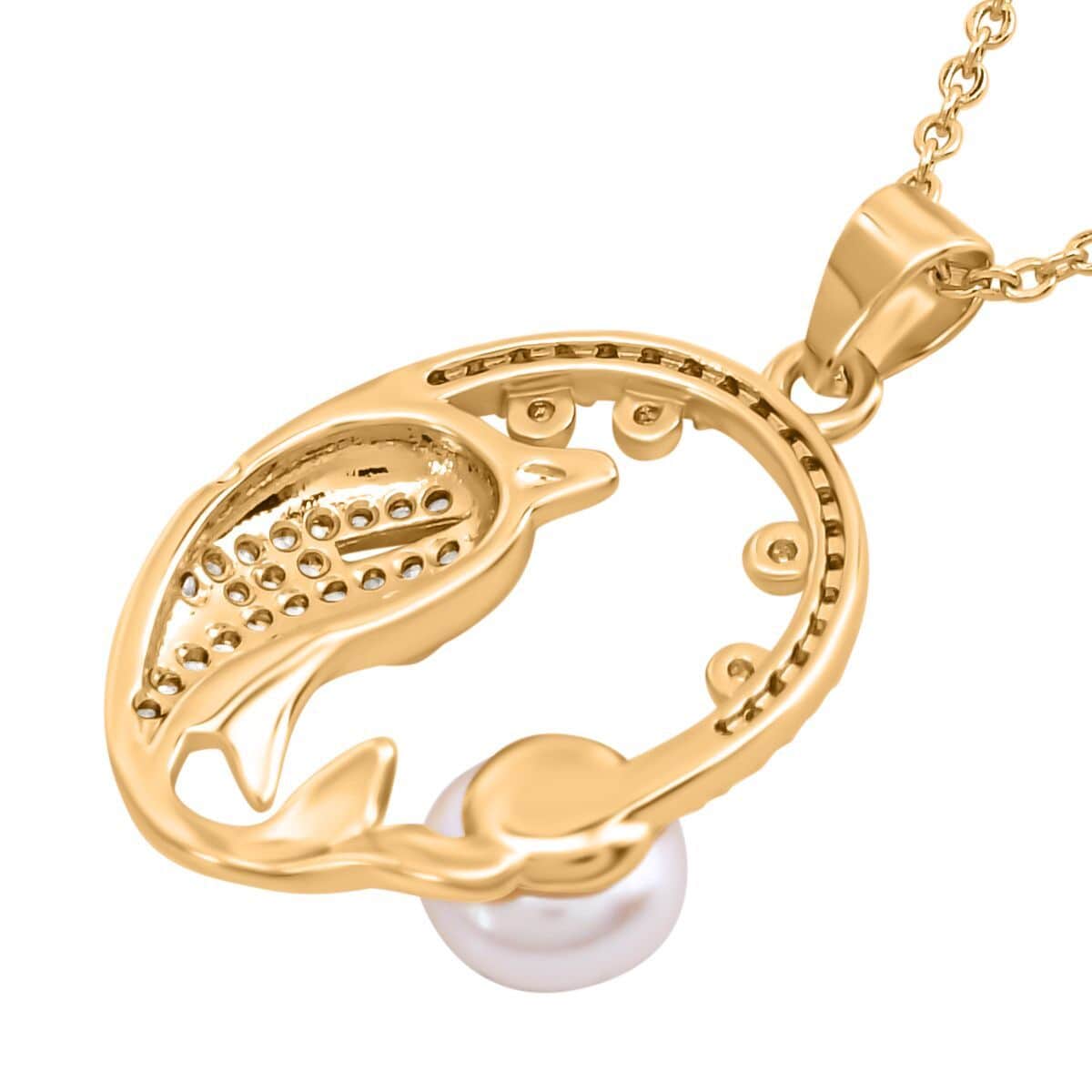 Freshwater Pearl and Simulated Diamond Pendant Necklace 20 Inches in Goldtone 0.10 ctw image number 4