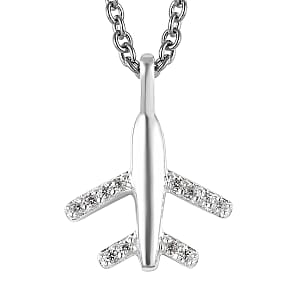 Sterling Silver Airplane Pendant with Stainless Steel Necklace 20 Inches 0.10 ctw