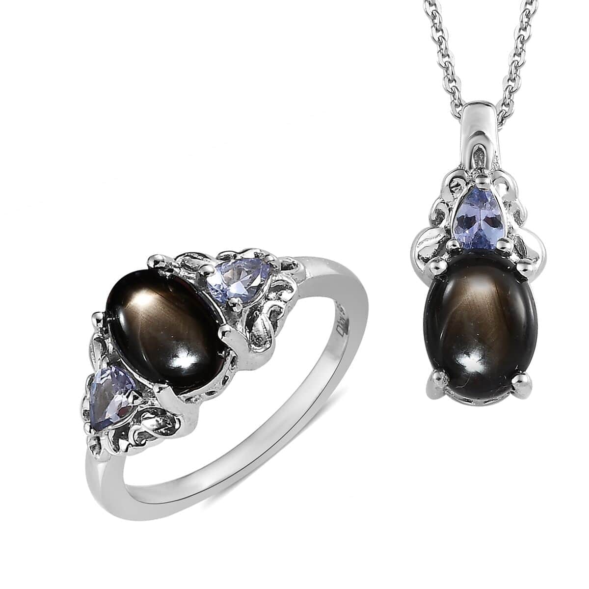 Bankacha Natural Black Star Sapphire and Tanzanite Ring and Pendant Necklace 20 Inches in Platinum Over Sterling Silver 3.60 ctw image number 0