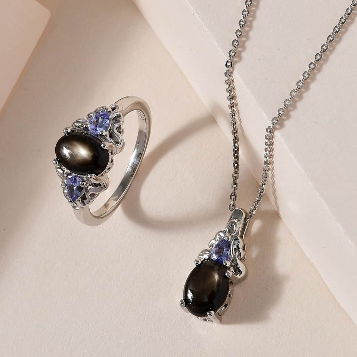 Bankacha Natural Black Star Sapphire and Tanzanite Ring and Pendant Necklace 20 Inches in Platinum Over Sterling Silver 3.60 ctw image number 1