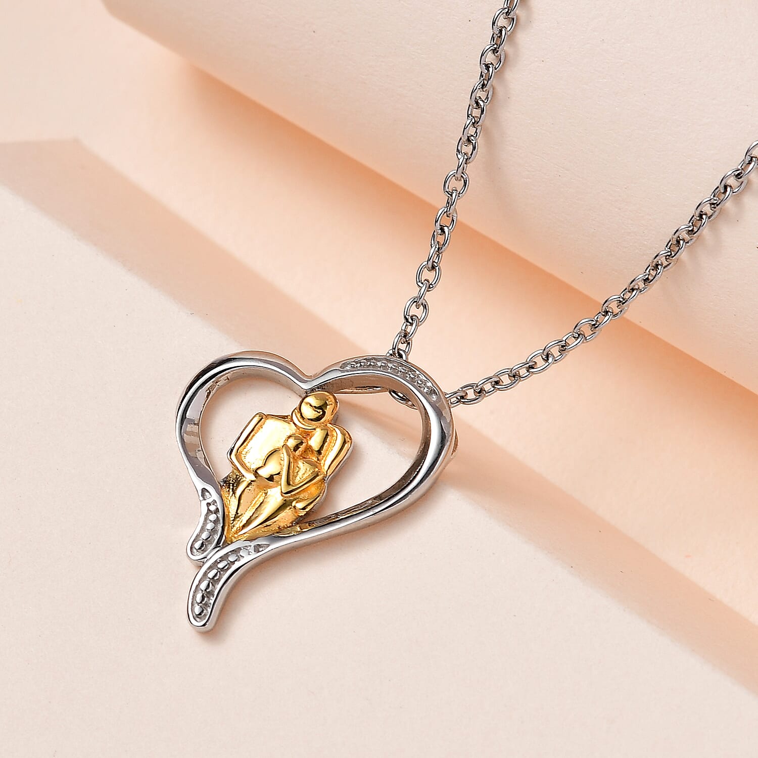 Vermeil YG and Platinum Over Sterling Silver Heart Pendant with Stainless Steel Necklace 20 Inches 4.20 Grams