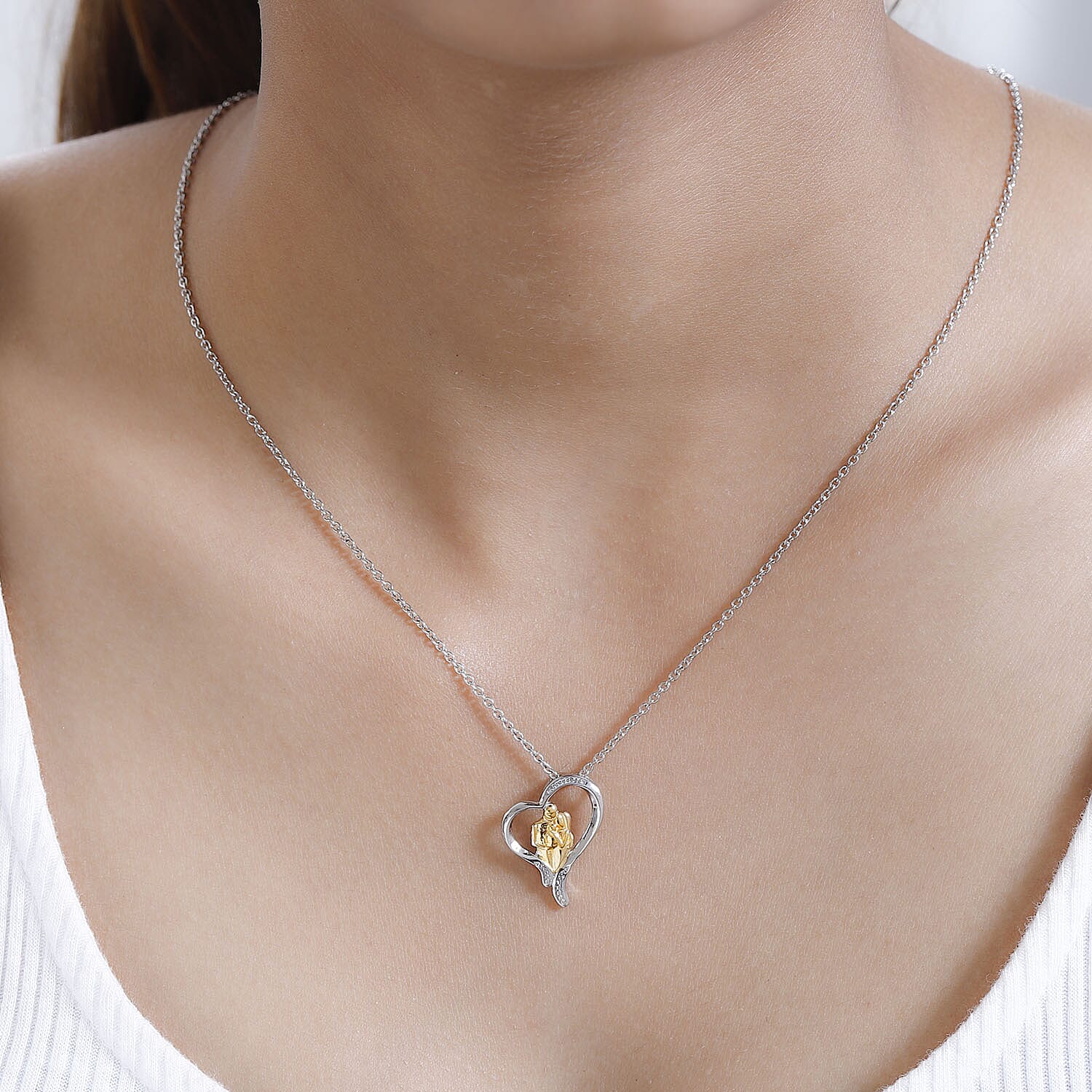 Vermeil YG and Platinum Over Sterling Silver Heart Pendant with Stainless Steel Necklace 20 Inches 4.20 Grams