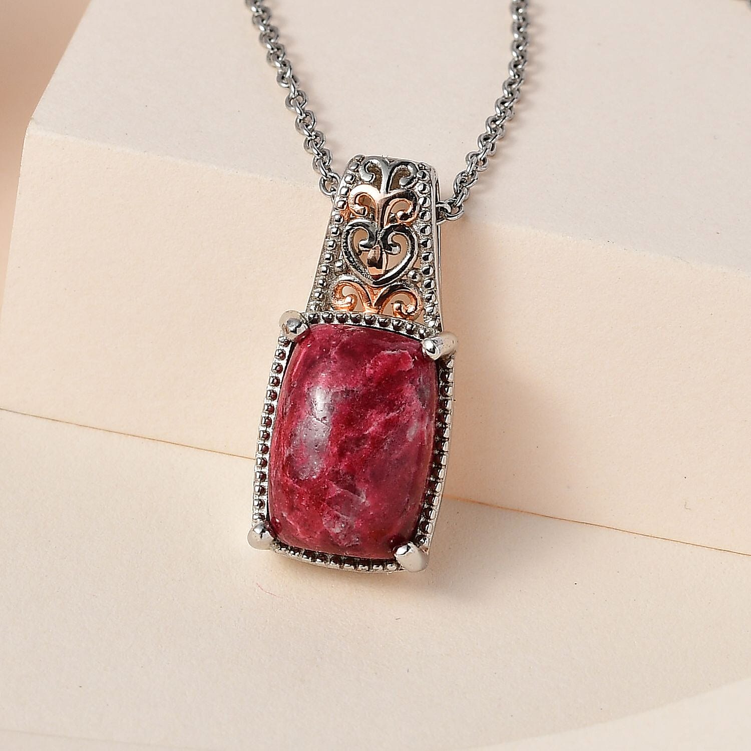 Karis Norwegian Thulite Solitaire Pendant Necklace (20 Inches) in 18K RG Plated and Platinum Bond and Stainless Steel 7.35 ctw , Tarnish-Free, Waterproof, Sweat Proof Jewelry