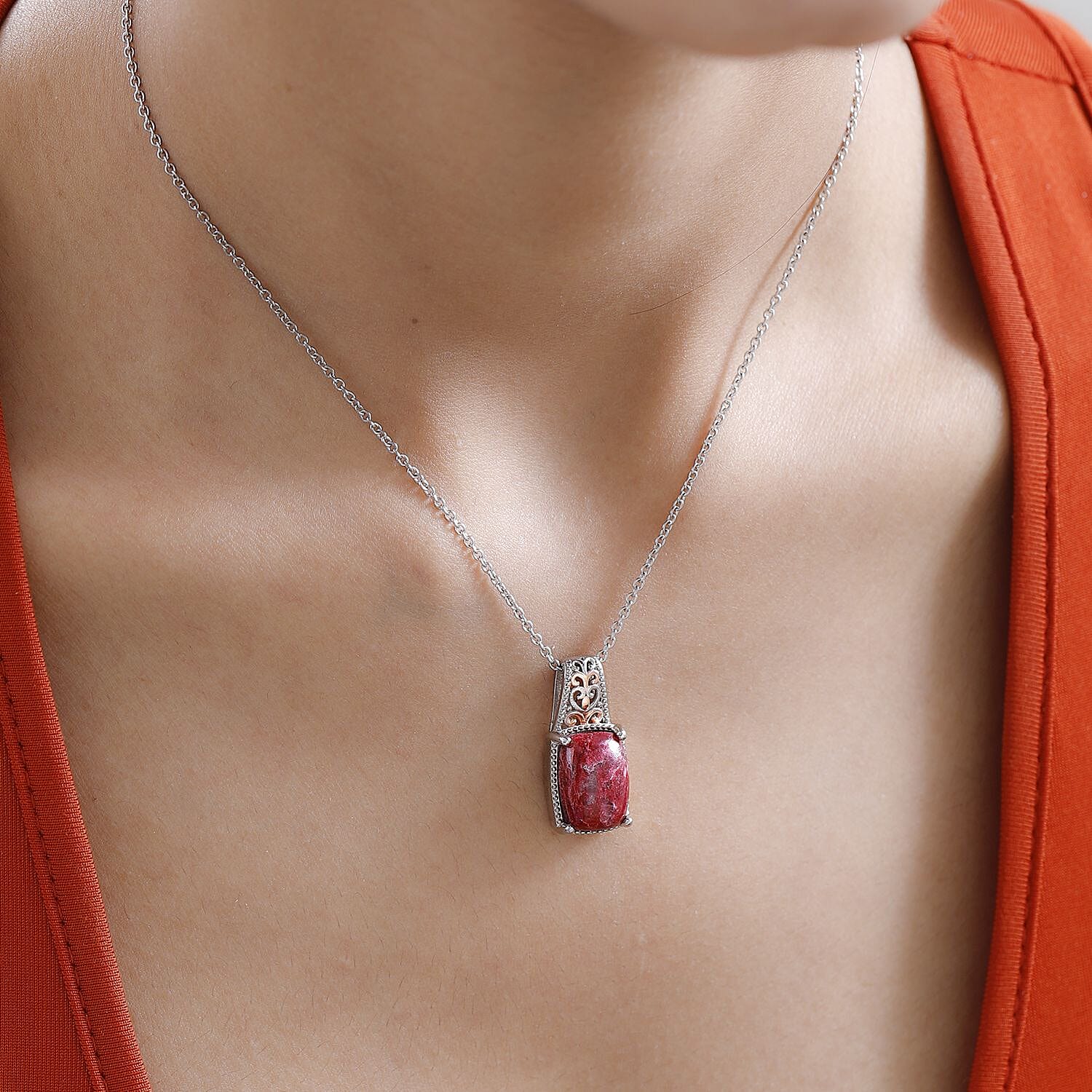 Karis Norwegian Thulite Solitaire Pendant Necklace (20 Inches) in 18K RG Plated and Platinum Bond and Stainless Steel 7.35 ctw , Tarnish-Free, Waterproof, Sweat Proof Jewelry