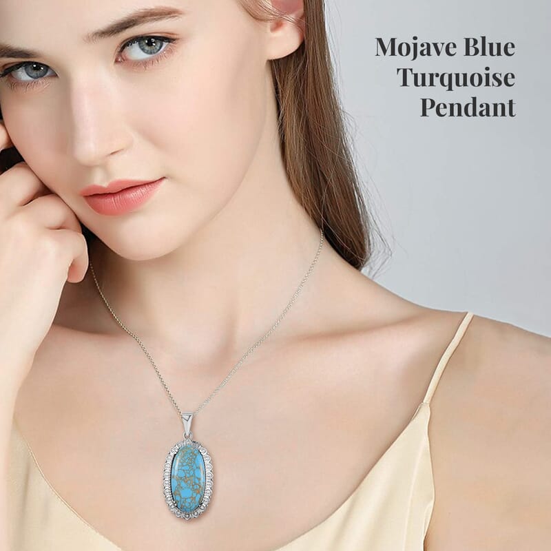 Mojave Blue Turquoise Pendant Necklace 20 Inches in Stainless Steel 20.25 ctw