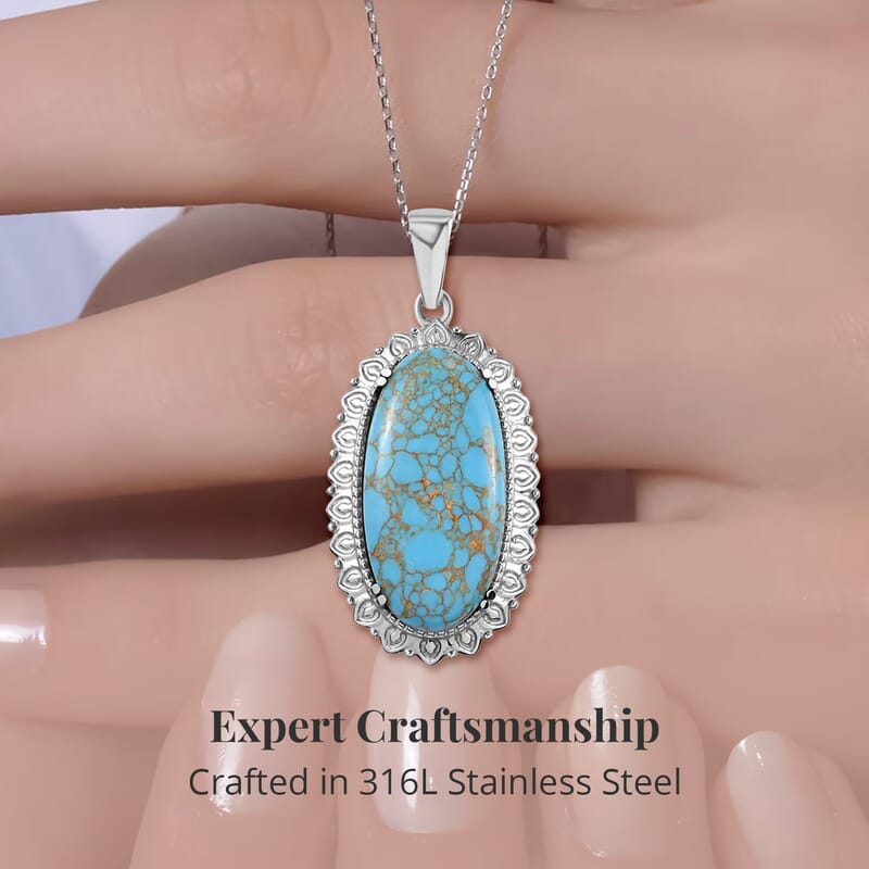 Mojave Blue Turquoise Pendant Necklace 20 Inches in Stainless Steel 20.25 ctw