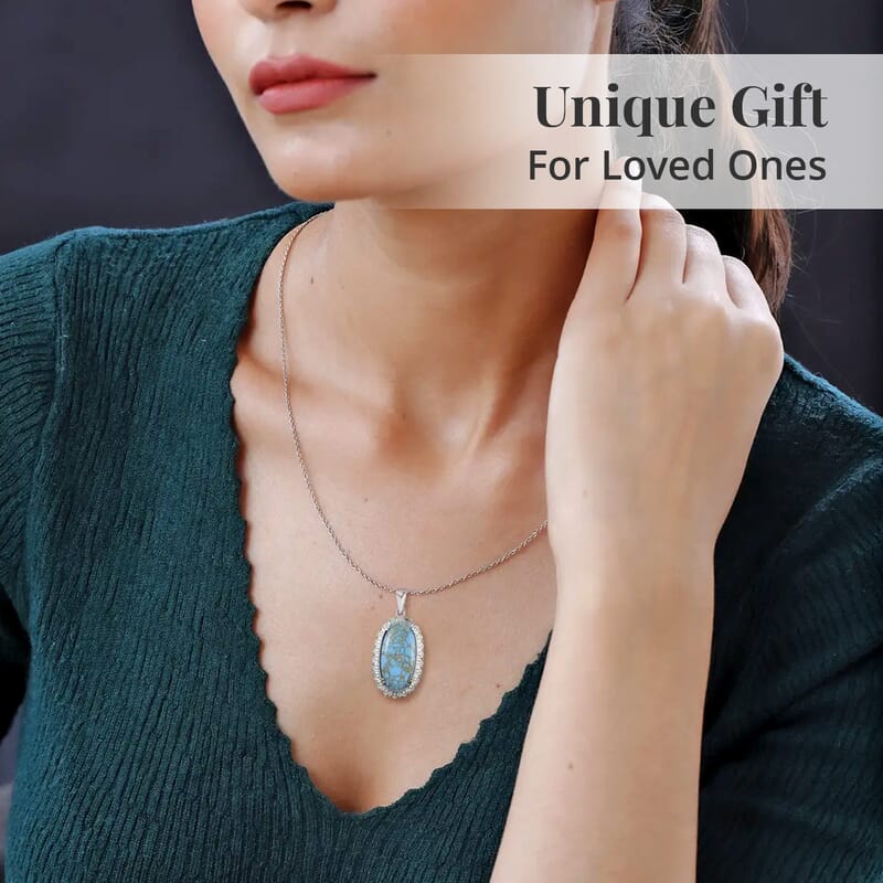 Mojave Blue Turquoise Pendant Necklace 20 Inches in Stainless Steel 20.25 ctw