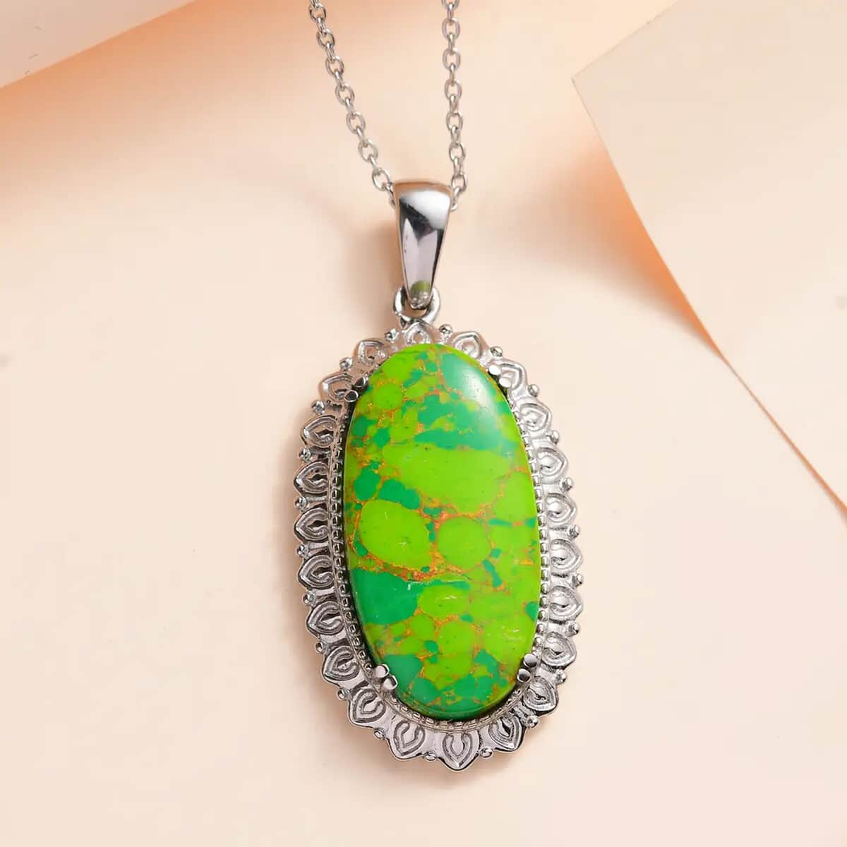 Mojave Green Turquoise Pendant Necklace 20 Inches in Stainless Steel 17.75 ctw image number 1