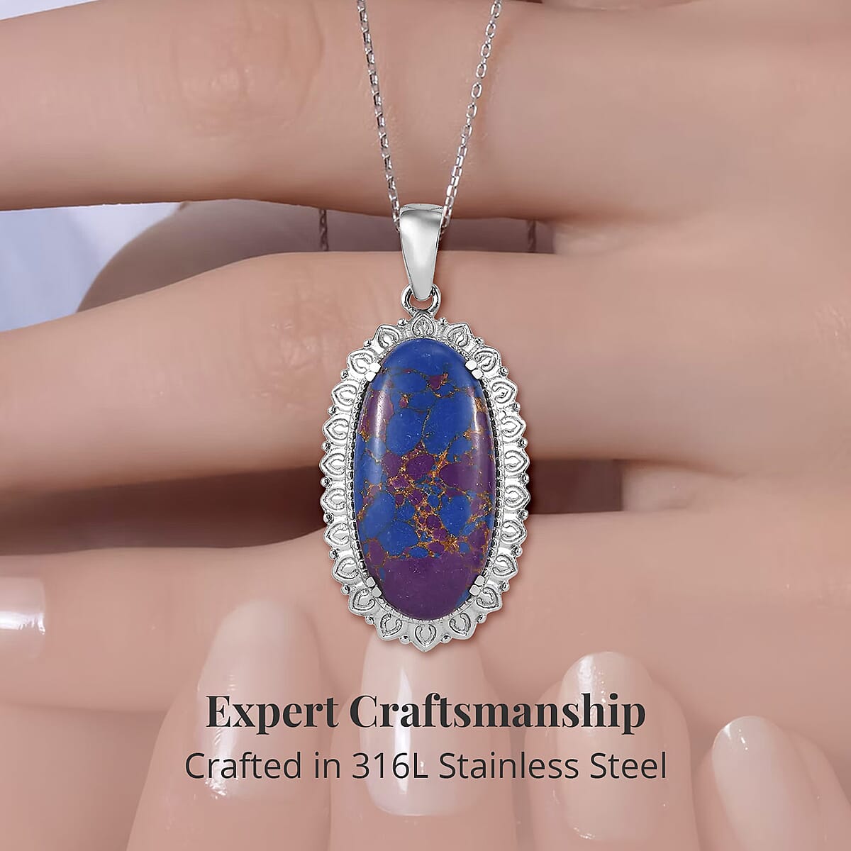 Mojave Purple Turquoise Pendant Necklace 20 Inches in Stainless Steel 16.10 ctw image number 3