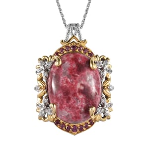 Norwegian Thulite and Multi Gemstone Pendant Necklace 20 Inches in Vermeil YG and Platinum Over Sterling Silver 19.60 ctw