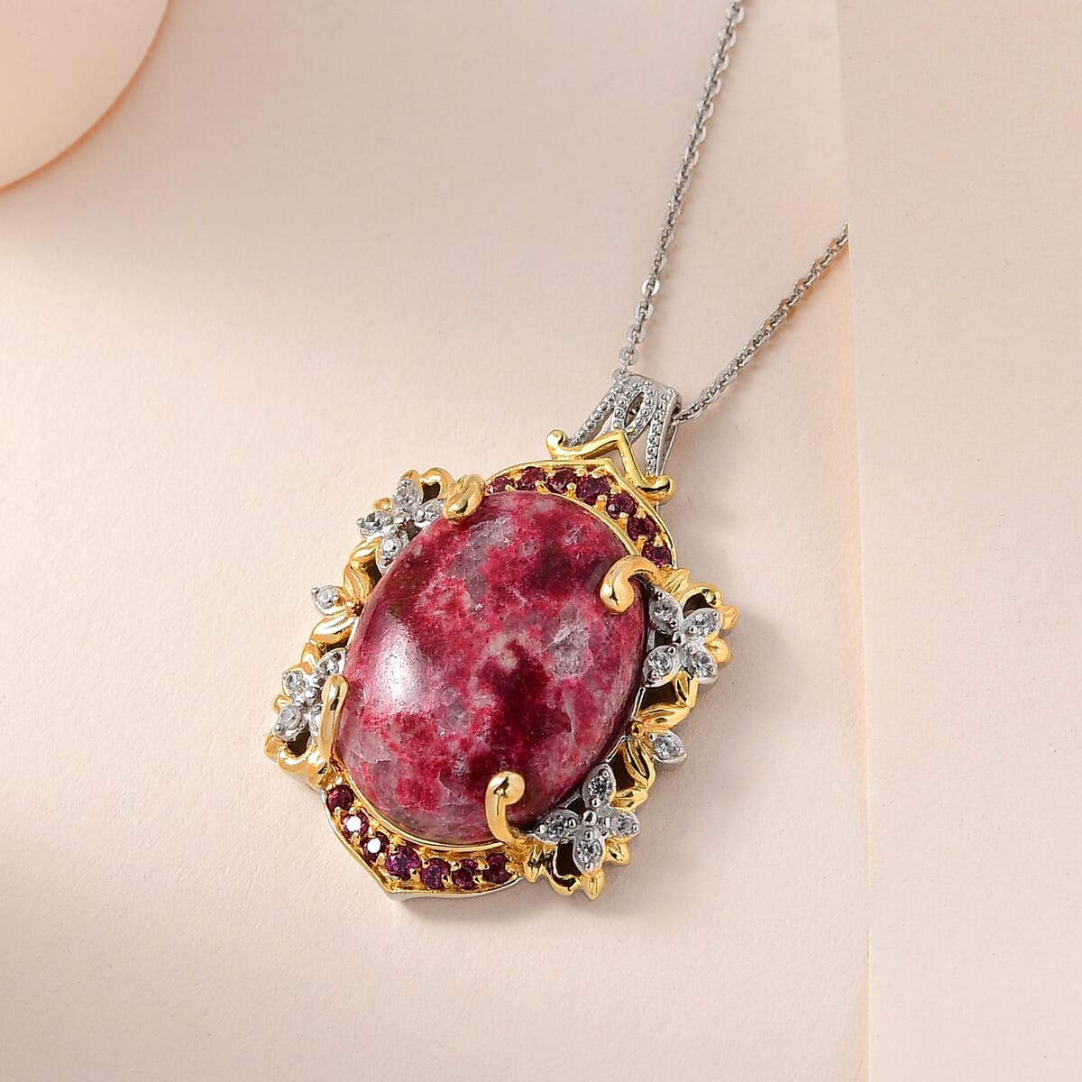Norwegian Thulite and Multi Gemstone Pendant Necklace 20 Inches in Vermeil YG and Platinum Over Sterling Silver 19.60 ctw image number 1