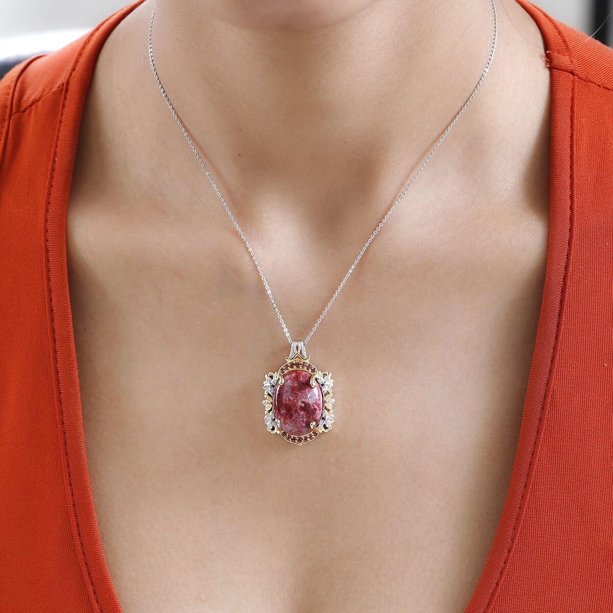 Norwegian Thulite and Multi Gemstone Pendant Necklace 20 Inches in Vermeil YG and Platinum Over Sterling Silver 19.60 ctw image number 2