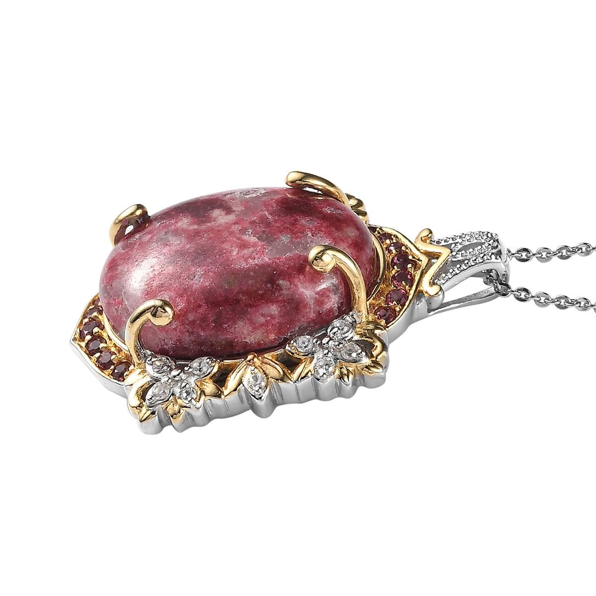Norwegian Thulite and Multi Gemstone Pendant Necklace 20 Inches in Vermeil YG and Platinum Over Sterling Silver 19.60 ctw image number 3