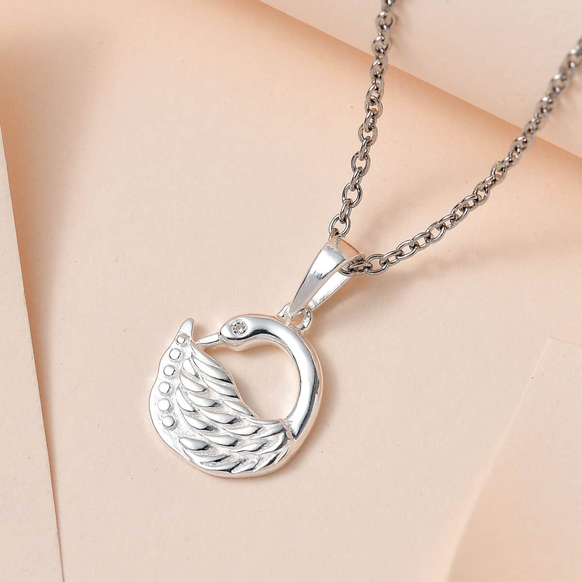 White Zircon Swan Pendant in Sterling Silver with Stainless Steel Necklace 20 Inches image number 1