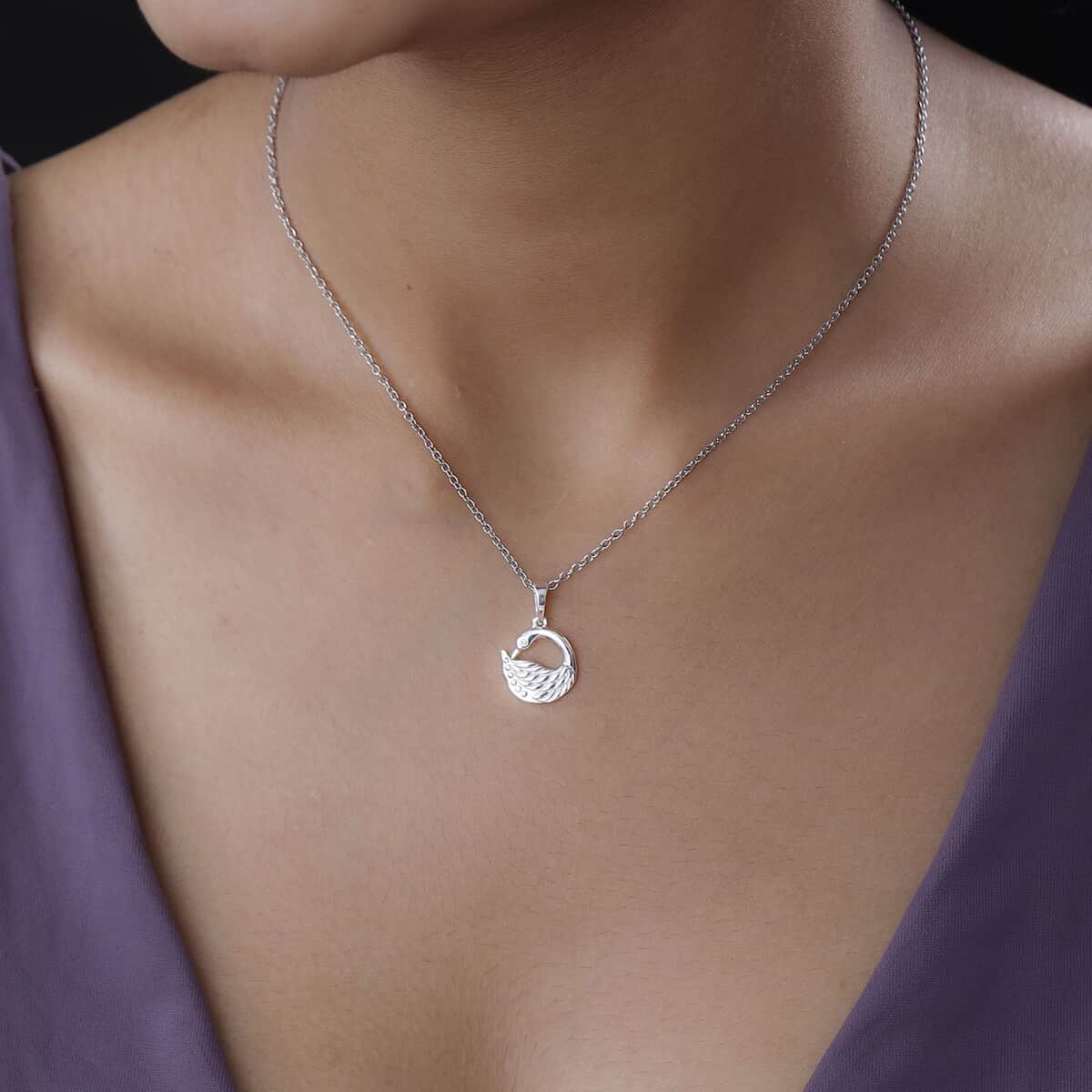 White Zircon Swan Pendant in Sterling Silver with Stainless Steel Necklace 20 Inches image number 2