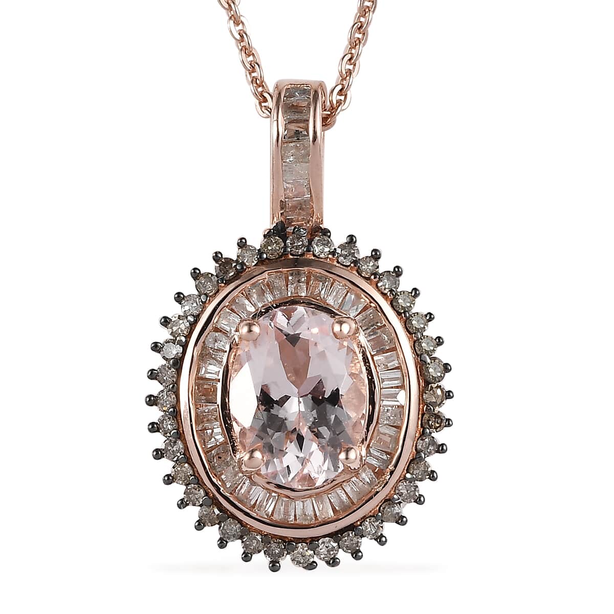 Pink Morganite, Natural Champagne and White Diamond Double Halo Pendant Necklace 20-22 Inches in Vermeil Rose Gold Over Sterling Silver 1.50 ctw image number 0