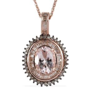Pink Morganite, Natural Champagne and White Diamond Double Halo Pendant Necklace 20-22 Inches in Vermeil Rose Gold Over Sterling Silver 1.50 ctw