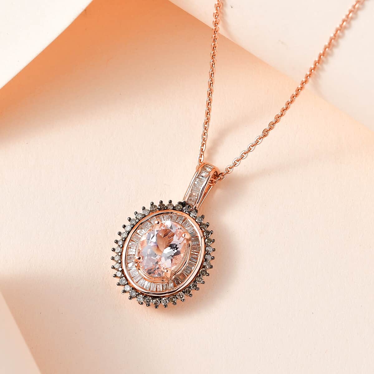 Pink Morganite, Natural Champagne and White Diamond Double Halo Pendant Necklace 20-22 Inches in Vermeil Rose Gold Over Sterling Silver 1.50 ctw image number 1