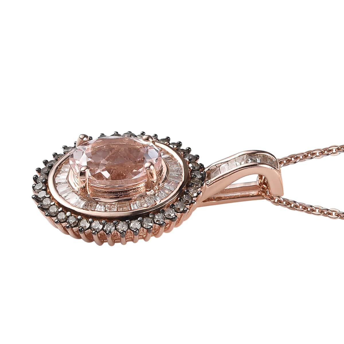Pink Morganite, Natural Champagne and White Diamond Double Halo Pendant Necklace 20-22 Inches in Vermeil Rose Gold Over Sterling Silver 1.50 ctw image number 3