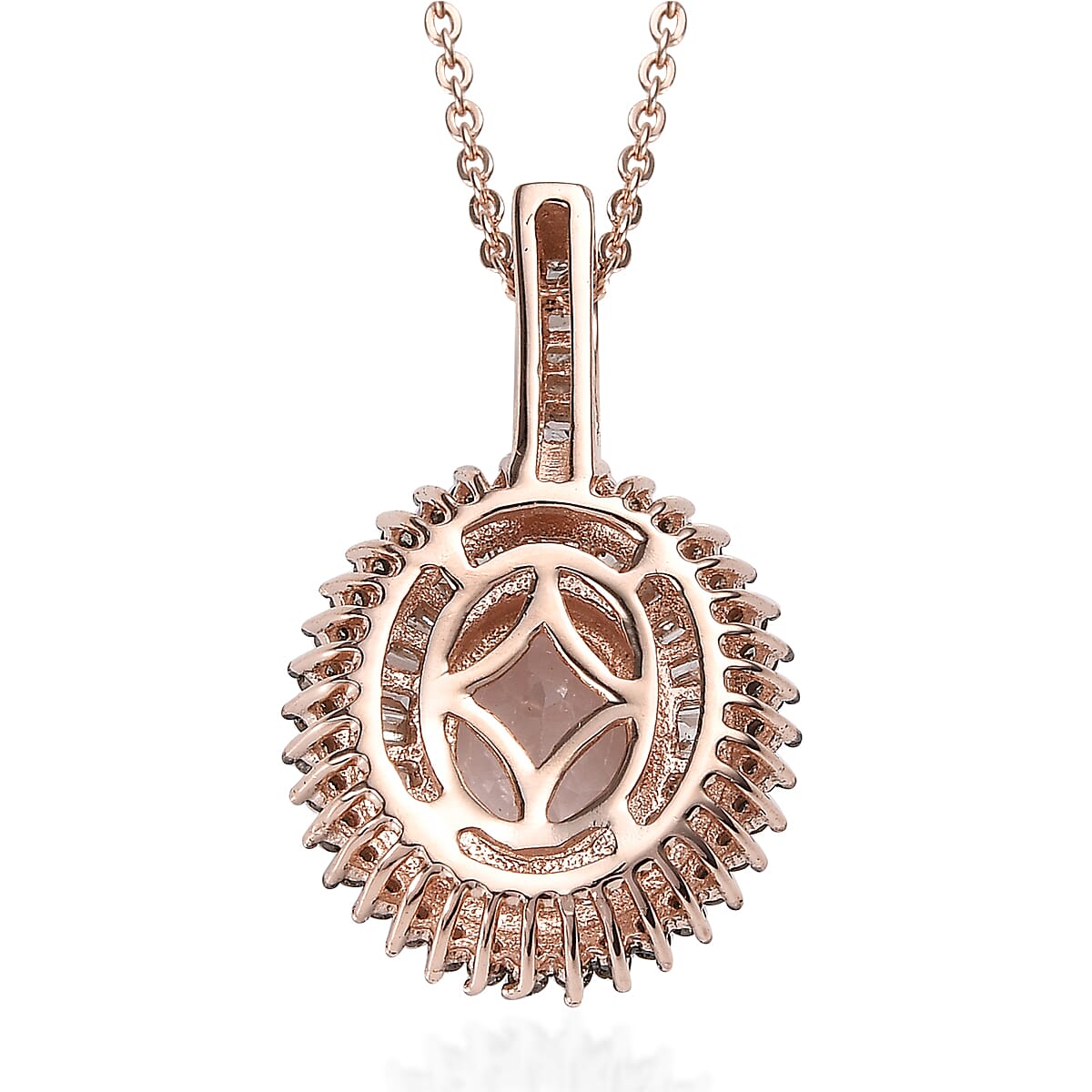 Pink Morganite, Natural Champagne and White Diamond Double Halo Pendant Necklace 20-22 Inches in Vermeil Rose Gold Over Sterling Silver 1.50 ctw