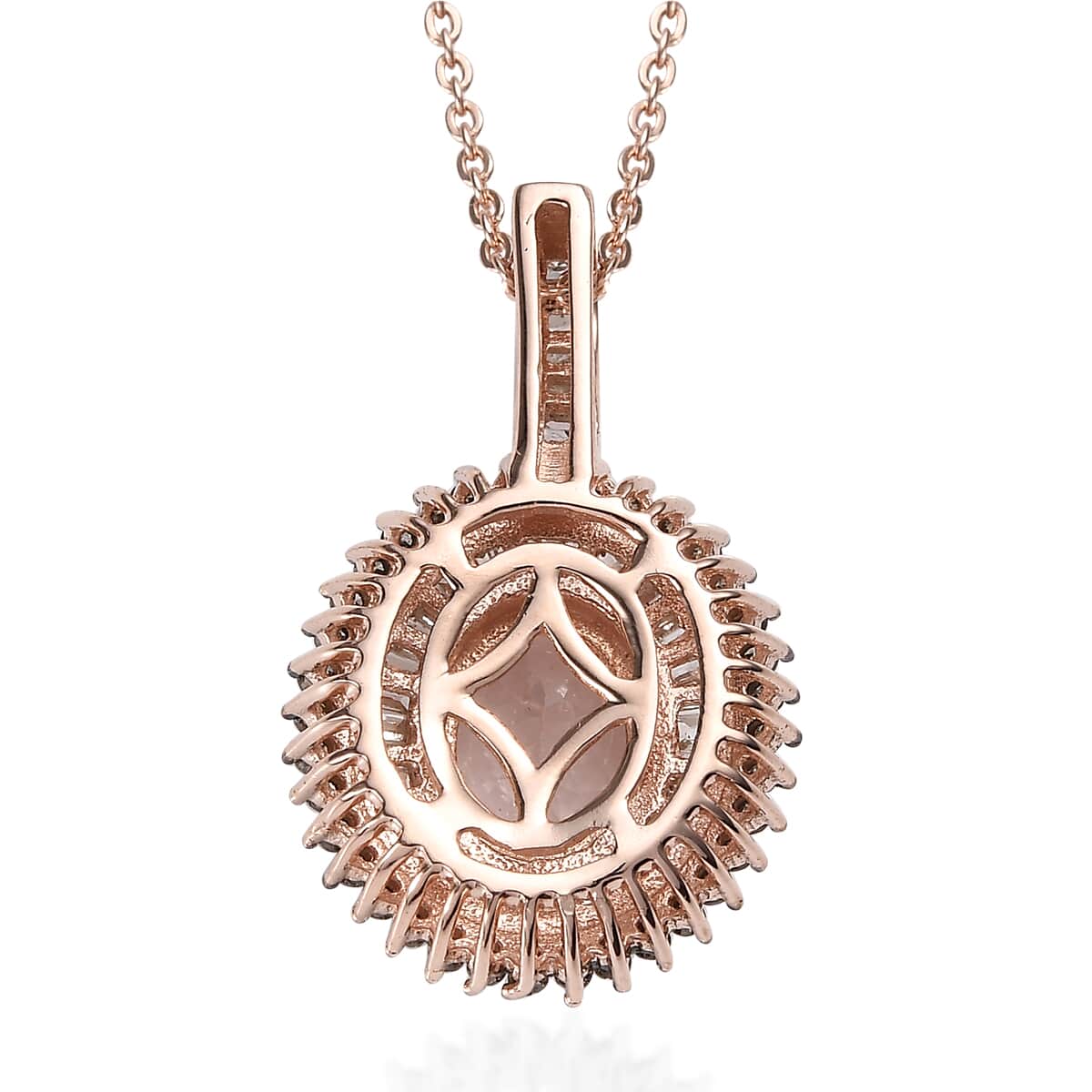 Pink Morganite, Natural Champagne and White Diamond Double Halo Pendant Necklace 20-22 Inches in Vermeil Rose Gold Over Sterling Silver 1.50 ctw image number 4