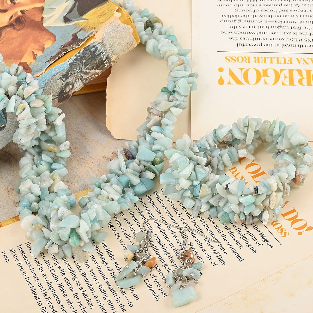 Amazonite Chips Bracelet and Dangle Earrings and Necklace 18 Inches in Silvertone and Stainless Steel 927.85 ctw image number 1