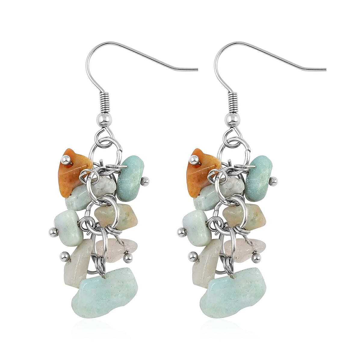 Amazonite Chips Bracelet and Dangle Earrings and Necklace 18 Inches in Silvertone and Stainless Steel 927.85 ctw image number 6