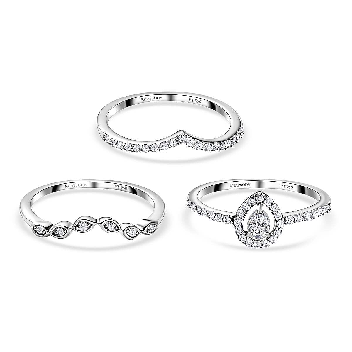 Rhapsody IGI Certified 950 Platinum Diamond E-F VS Set of 3 Stackable Ring (Size 6.0) 6.40 Grams 0.50 ctw image number 0