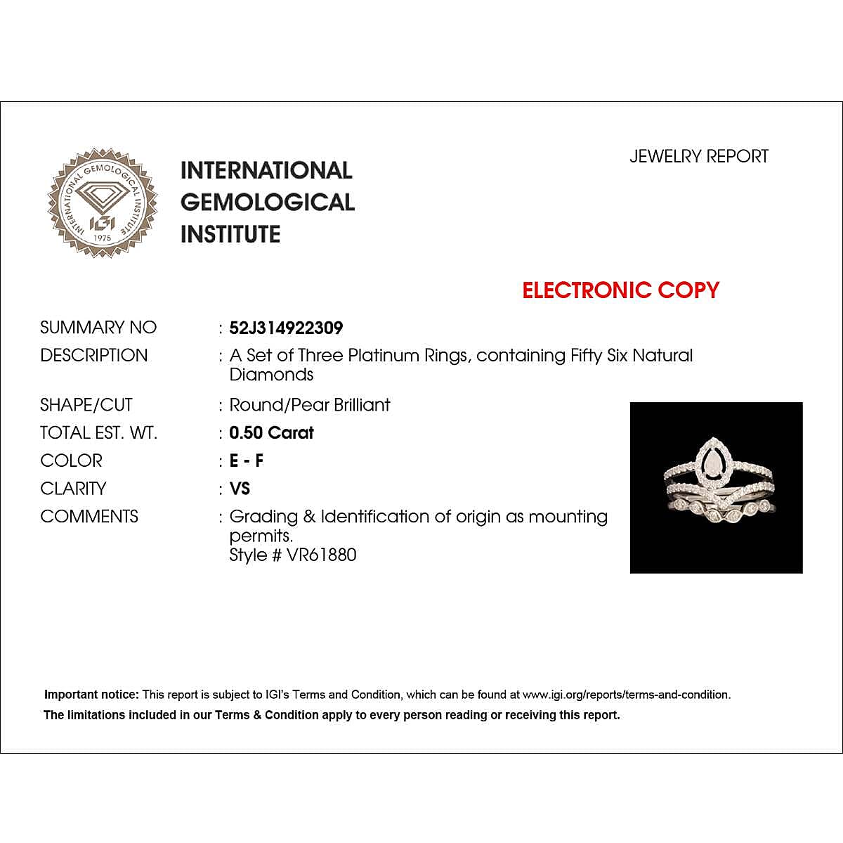 Rhapsody IGI Certified 950 Platinum Diamond E-F VS Set of 3 Stackable Ring (Size 7.0) 6.40 Grams 0.50 ctw
