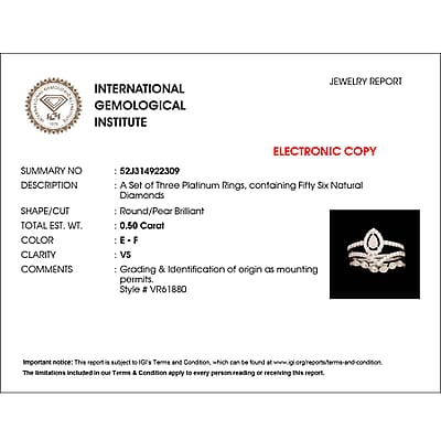 Rhapsody IGI Certified 950 Platinum Diamond E-F VS Set of 3 Stackable Ring (Size 8.0) 6.40 Grams 0.50 ctw