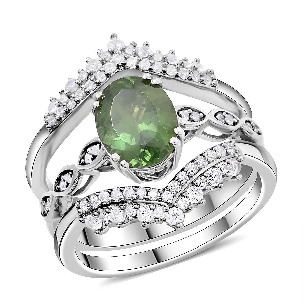 Tanzanian Natural Green Apatite and White Zircon Set of 2 Stackable Ring in Platinum Over Sterling Silver (Size 6.0) 3.50 ctw
