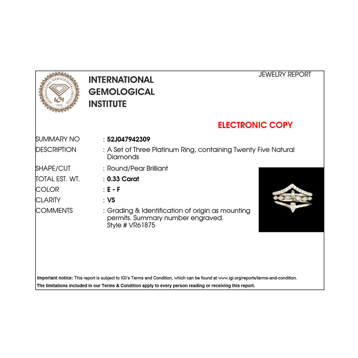 Rhapsody IGI Certified 950 Platinum Diamond E-F VS Set of 3 Stackable Ring (Size 6.0) 0.33 ctw image number 7