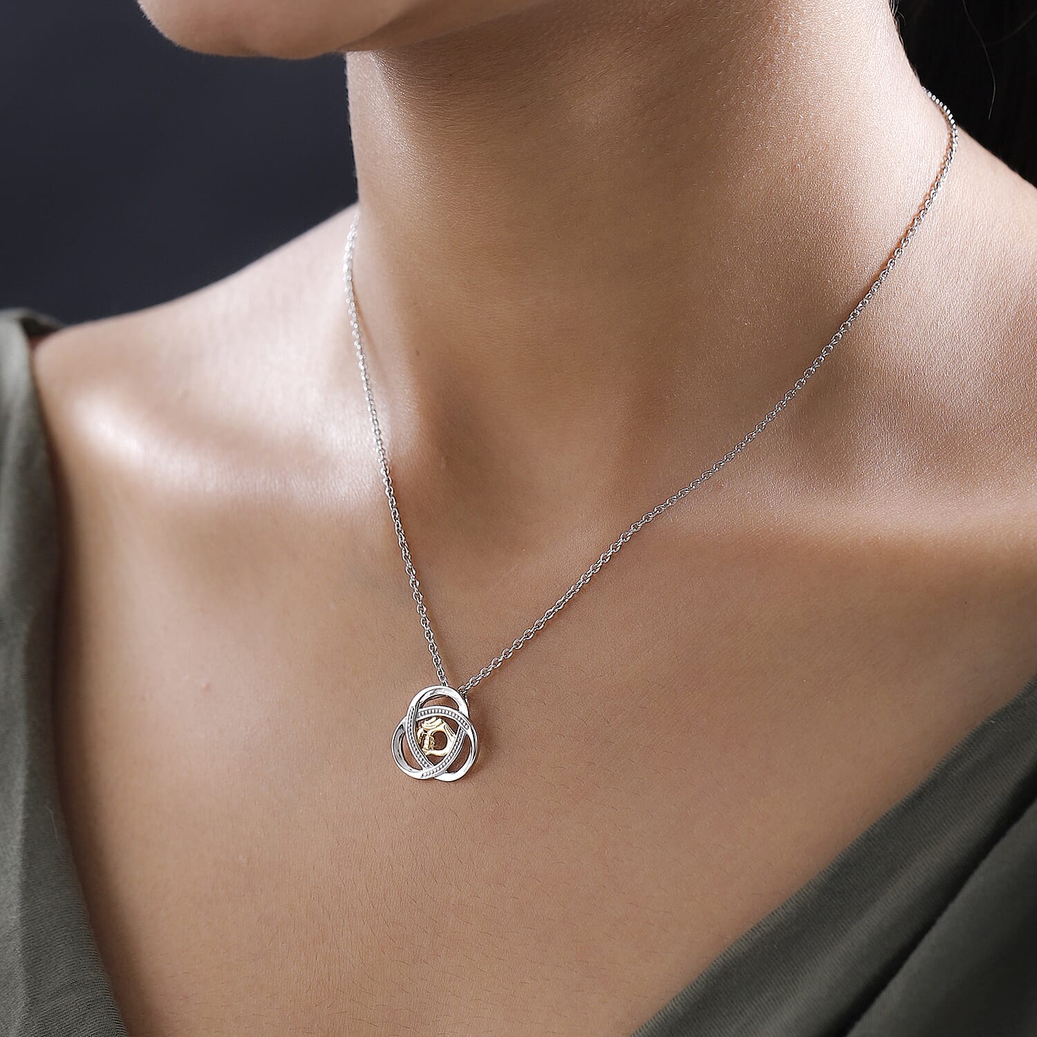 Vermeil YG, Platinum Over Sterling Silver Pendant with Stainless Steel Necklace 20 Inches 3.85 Grams