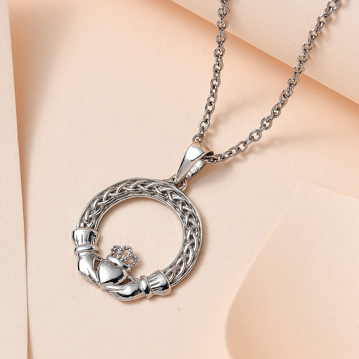 Platinum Over Sterling Silver Claddagh Pendant with Stainless Steel Necklace 20 Inches 3.85 Grams image number 1