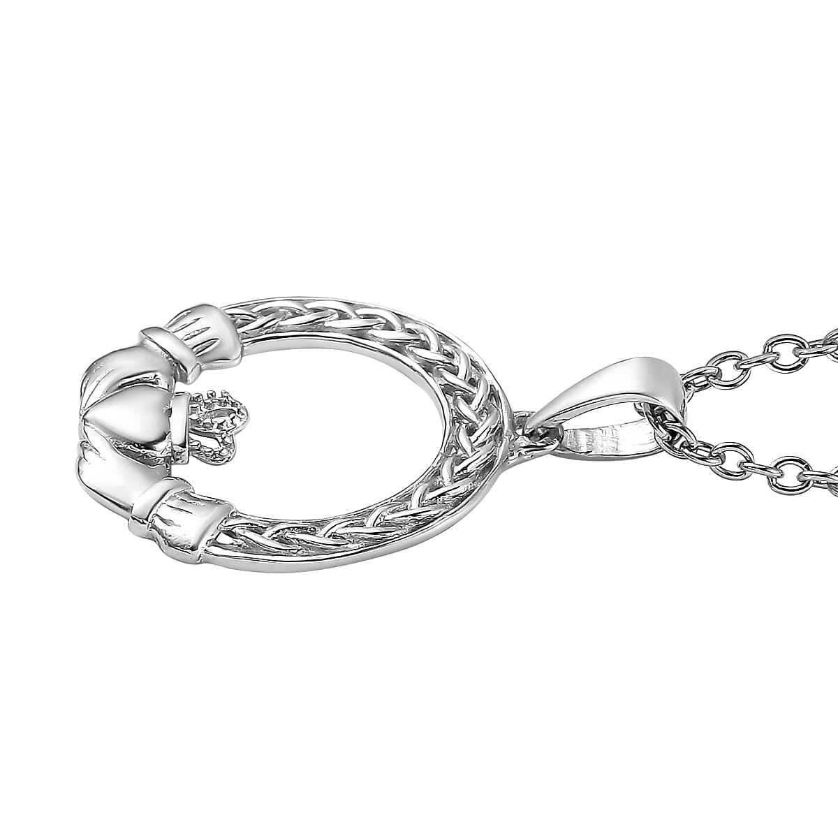 Platinum Over Sterling Silver Claddagh Pendant with Stainless Steel Necklace 20 Inches 3.85 Grams image number 2