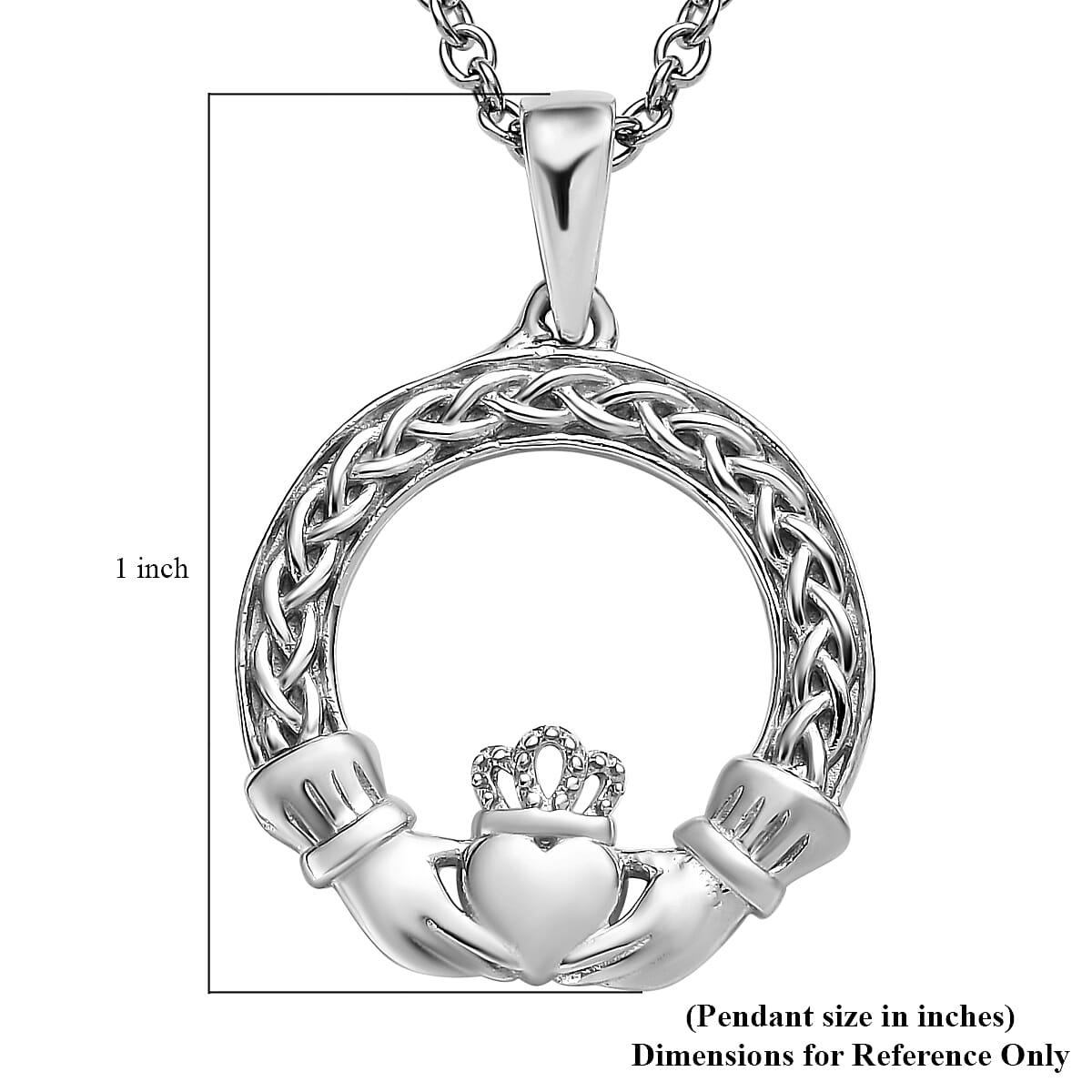 Platinum Over Sterling Silver Claddagh Pendant with Stainless Steel Necklace 20 Inches 3.85 Grams image number 3