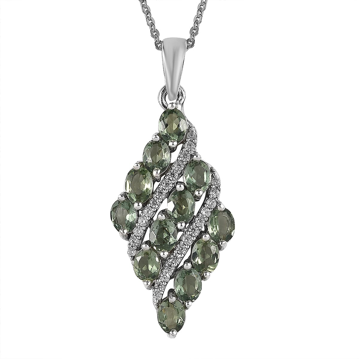 Tanzanian Natural Green Apatite and White Zircon Pendant Necklace 20 Inches in Platinum Over Sterling Silver 2.35 ctw