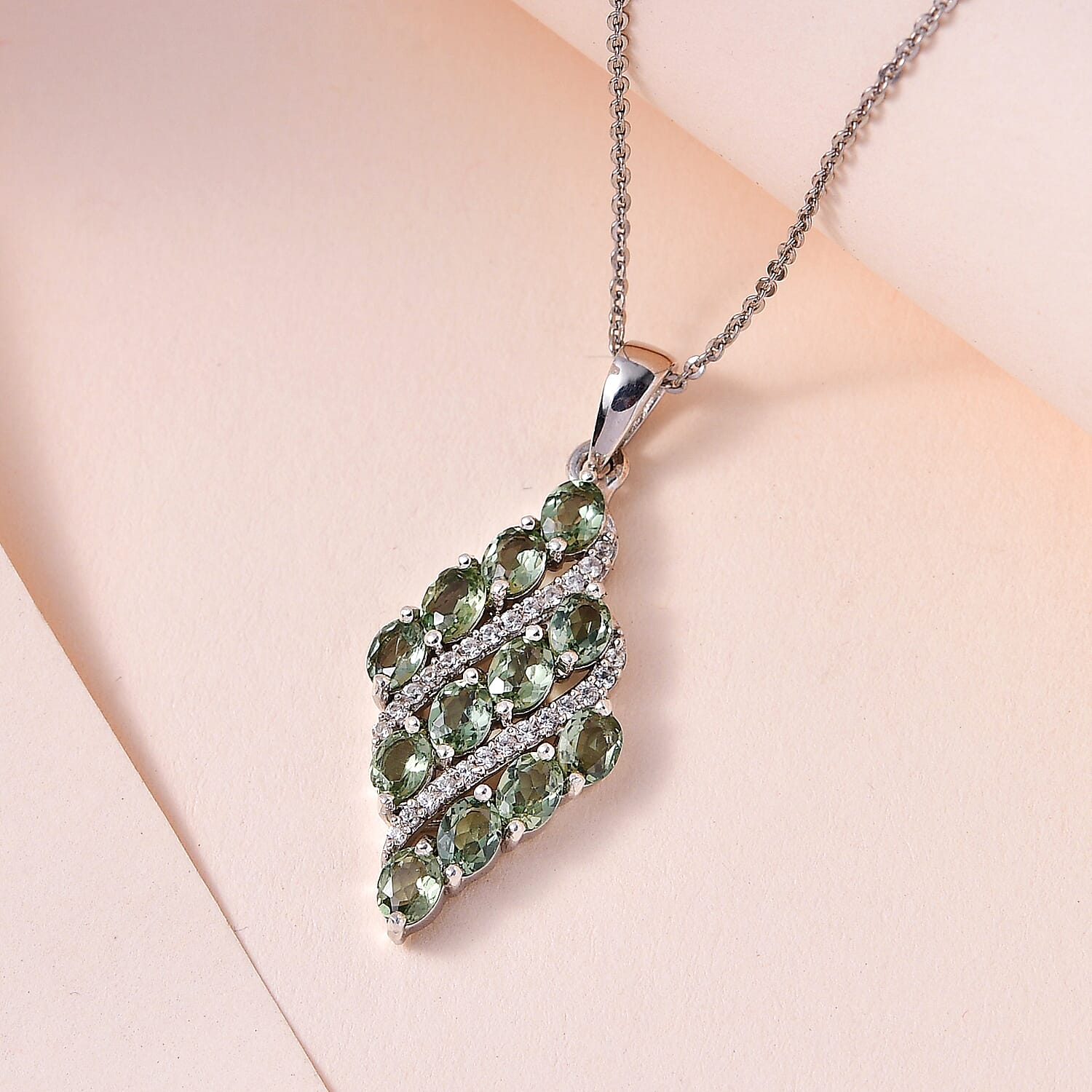 Tanzanian Natural Green Apatite and White Zircon Pendant Necklace 20 Inches in Platinum Over Sterling Silver 2.35 ctw