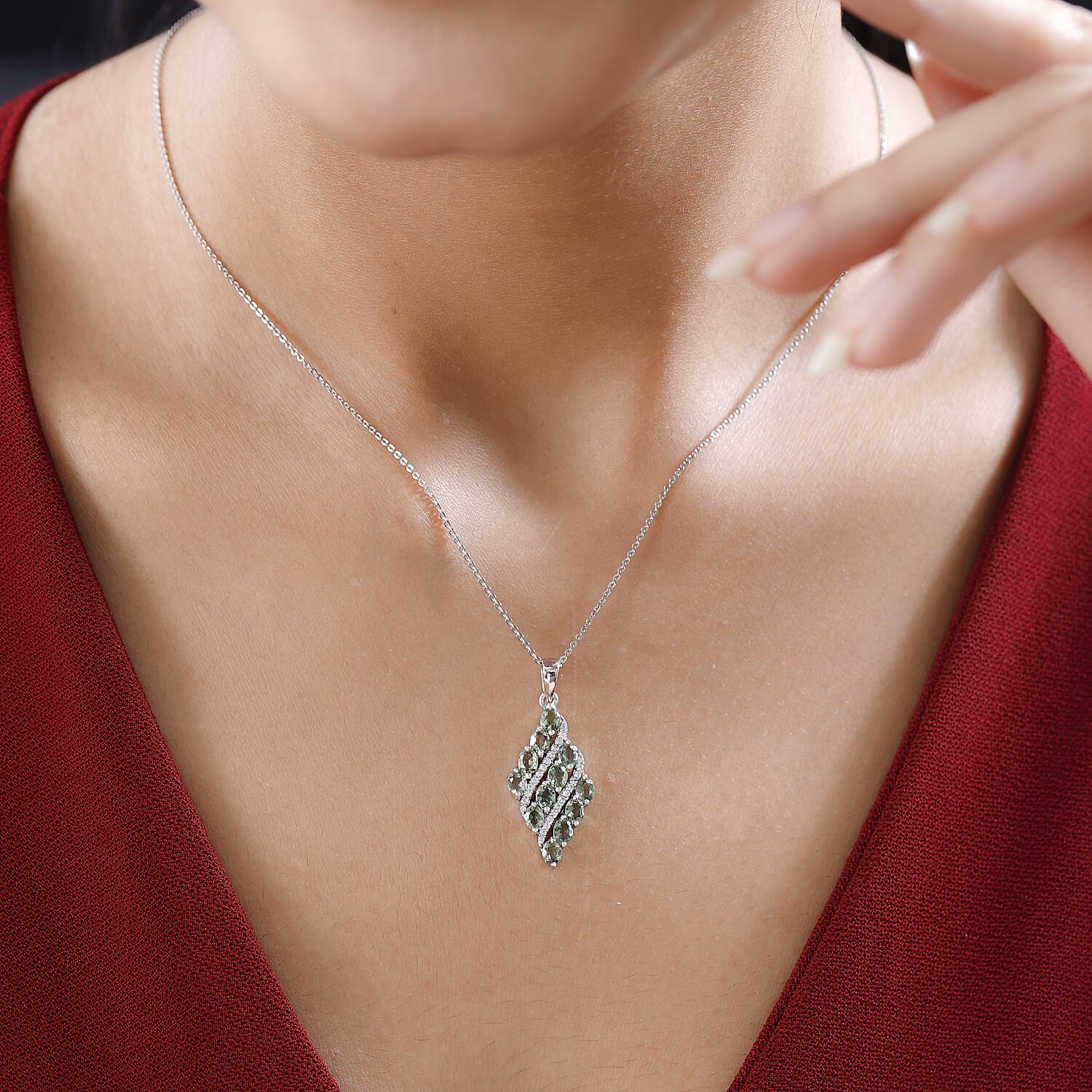 Tanzanian Natural Green Apatite and White Zircon Pendant Necklace 20 Inches in Platinum Over Sterling Silver 2.35 ctw