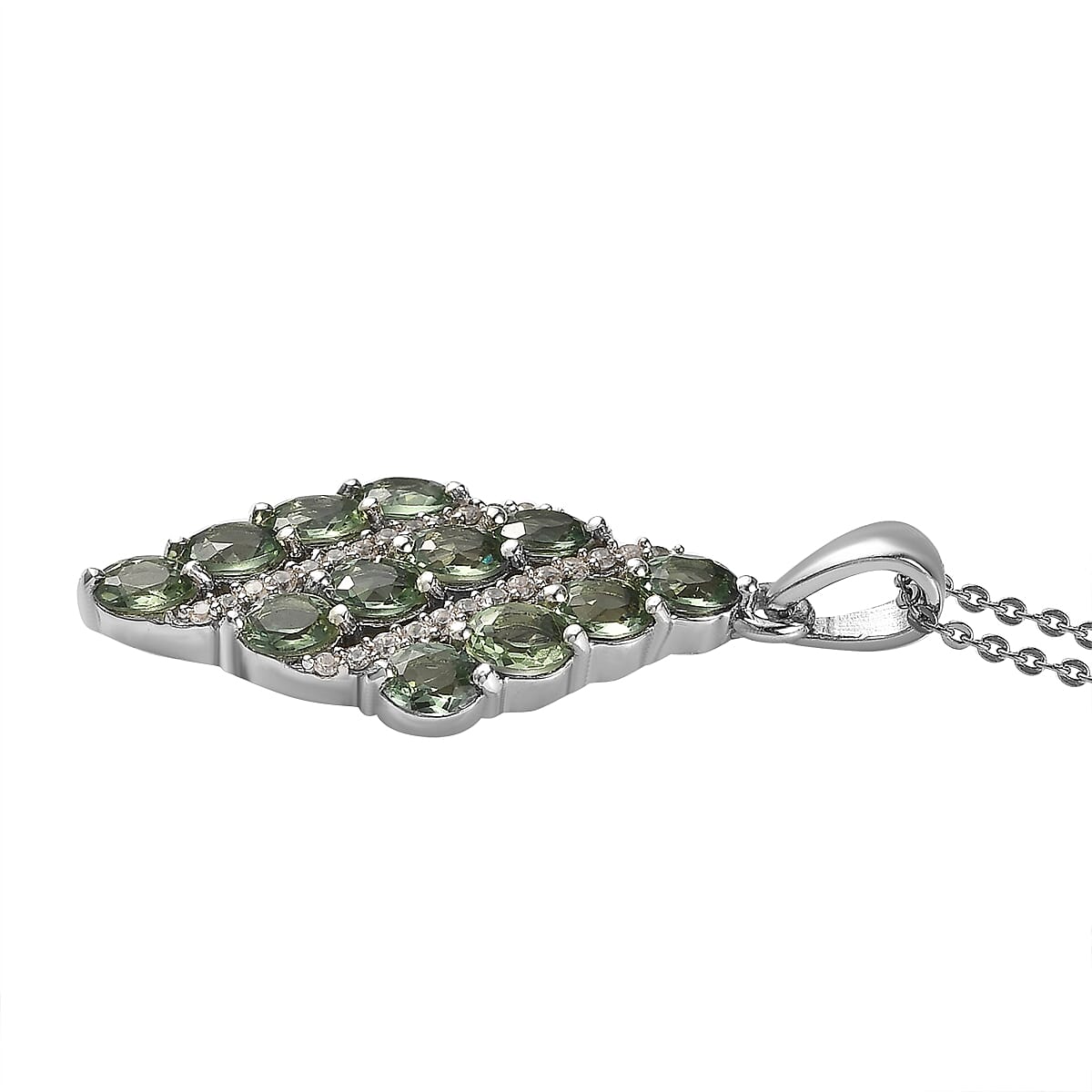 Tanzanian Natural Green Apatite and White Zircon Pendant Necklace 20 Inches in Platinum Over Sterling Silver 2.35 ctw