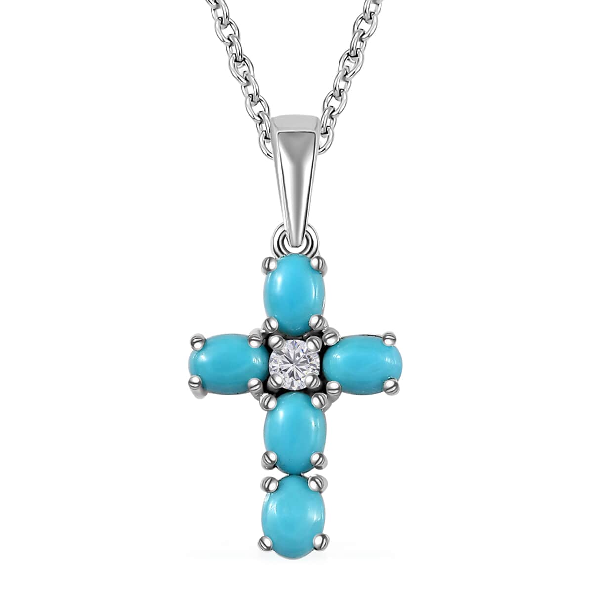 Sleeping Beauty Turquoise and White Zircon Cross Pendant in Platinum Over Sterling Silver with Stainless Steel Necklace 20 Inches 0.90 ctw image number 0