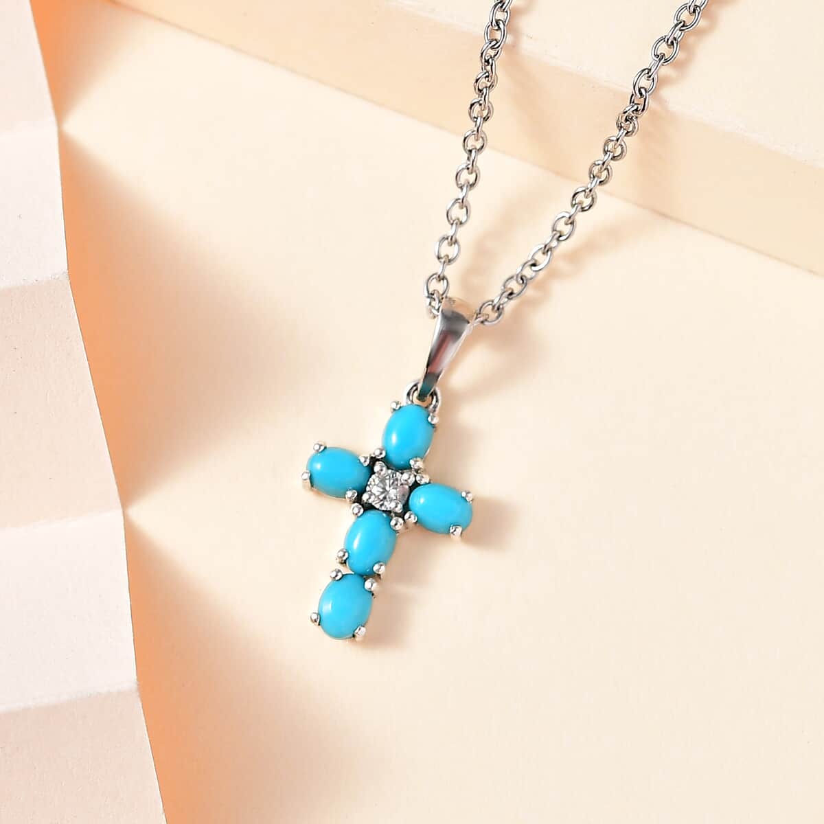 Sleeping Beauty Turquoise and White Zircon Cross Pendant in Platinum Over Sterling Silver with Stainless Steel Necklace 20 Inches 0.90 ctw image number 2