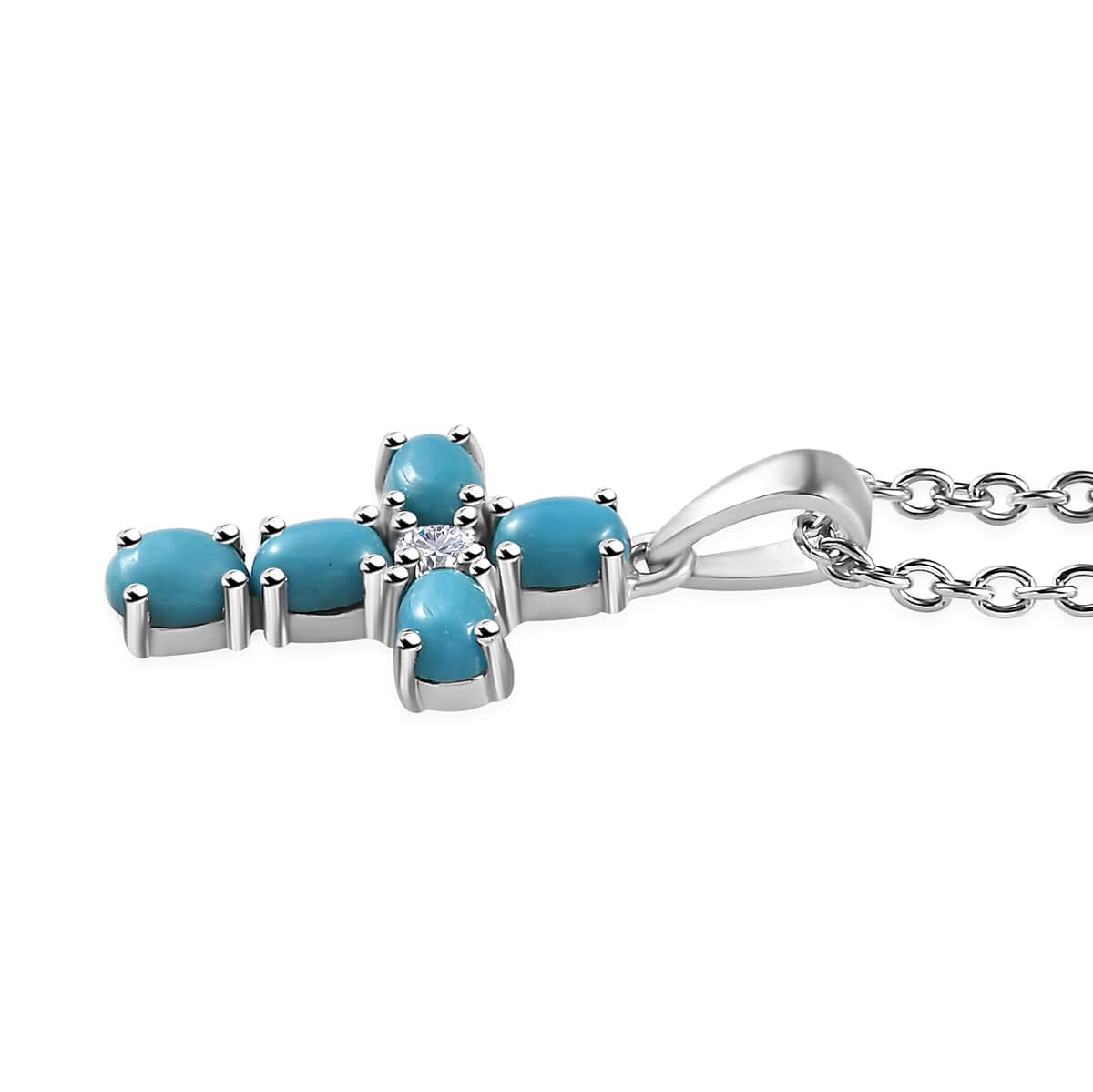 Sleeping Beauty Turquoise and White Zircon Cross Pendant in Platinum Over Sterling Silver with Stainless Steel Necklace 20 Inches 0.90 ctw image number 3