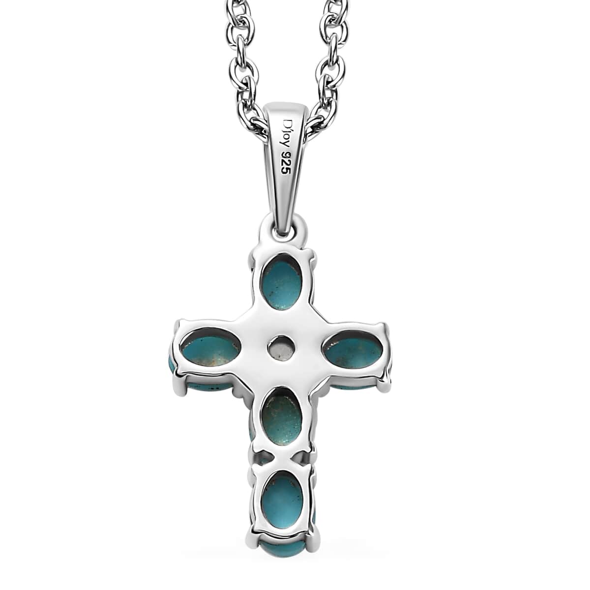 Sleeping Beauty Turquoise and White Zircon Cross Pendant in Platinum Over Sterling Silver with Stainless Steel Necklace 20 Inches 0.90 ctw image number 4