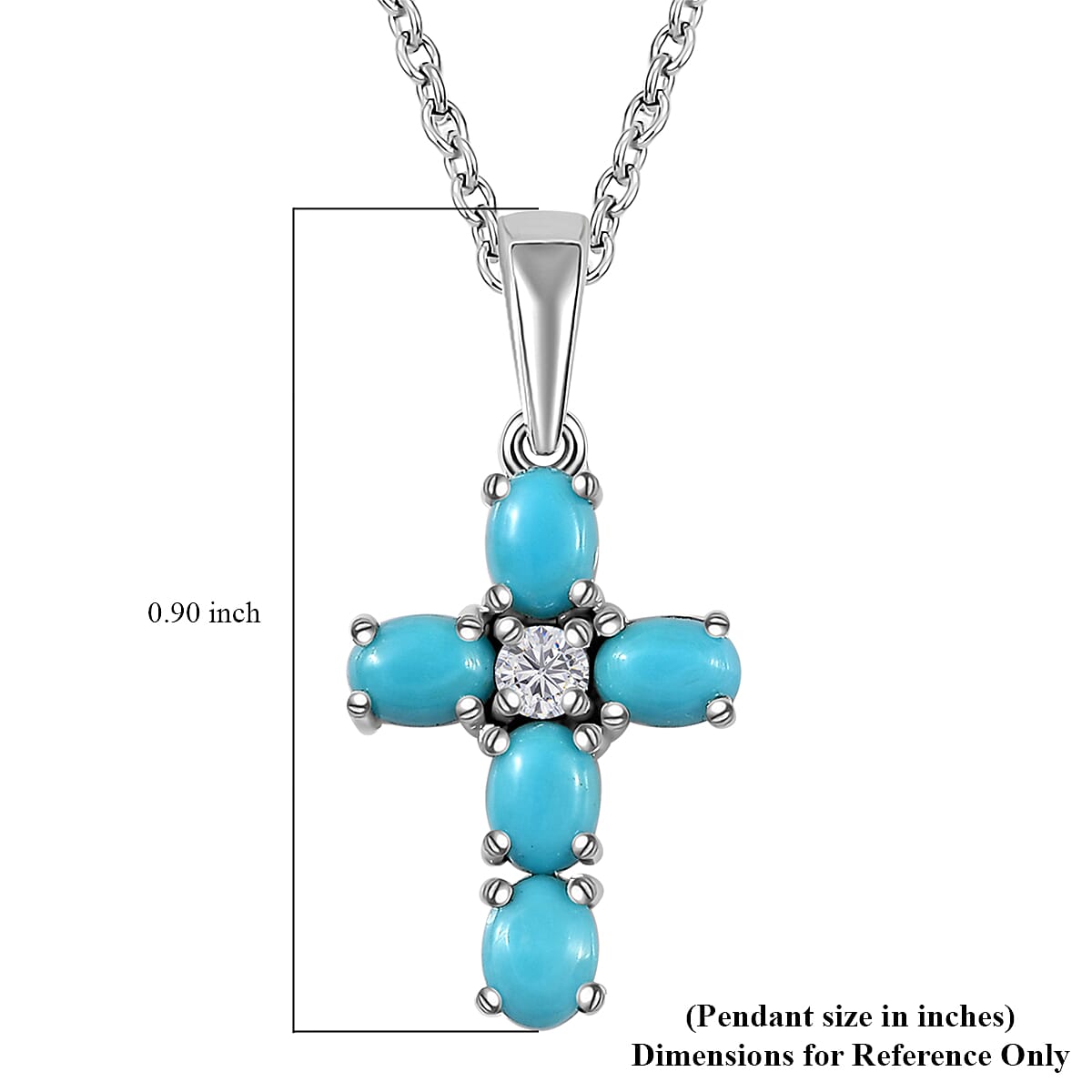 Sleeping Beauty Turquoise and White Zircon Cross Pendant in Platinum Over Sterling Silver with Stainless Steel Necklace 20 Inches 0.90 ctw