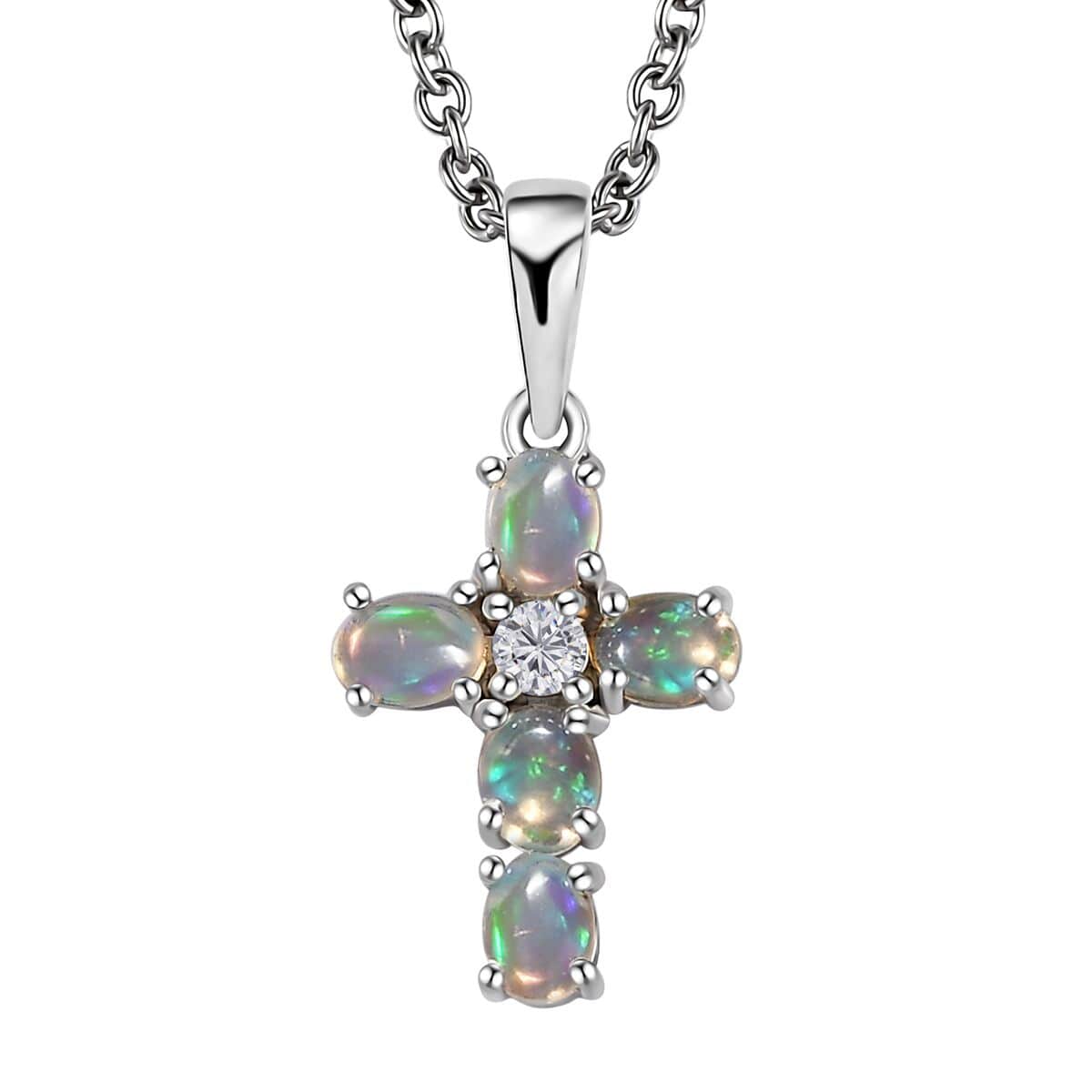 Premium Ethiopian Welo Opal and White Zircon Pendant in Platinum Over Sterling Silver with Stainless Steel Necklace 20 Inches 0.85 ctw image number 0