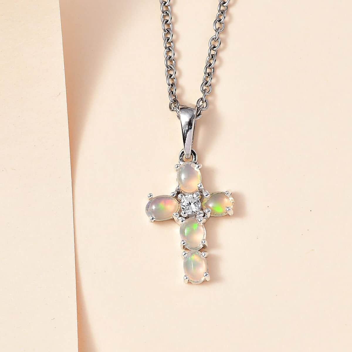 Premium Ethiopian Welo Opal and White Zircon Pendant in Platinum Over Sterling Silver with Stainless Steel Necklace 20 Inches 0.85 ctw image number 1